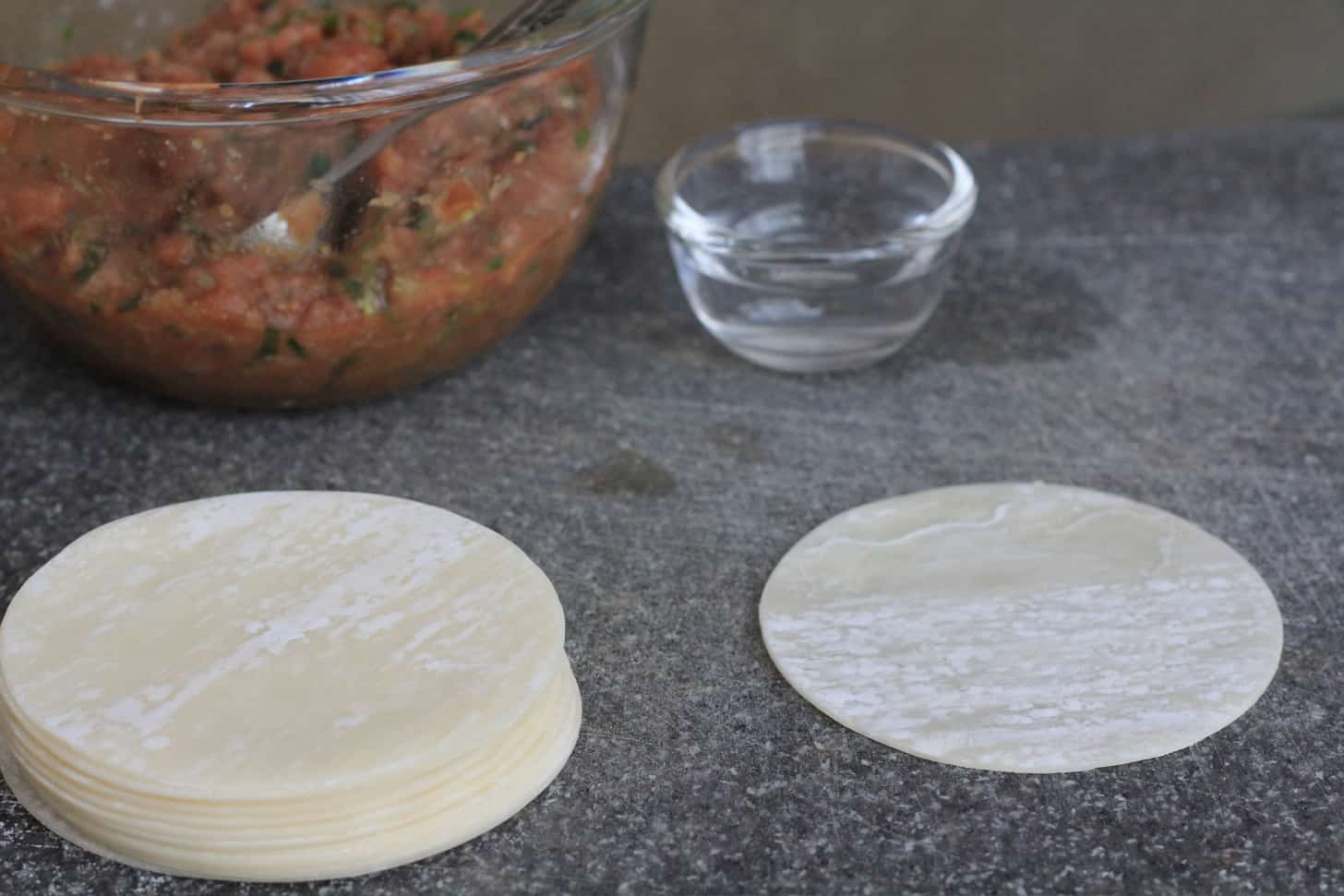 dumpling wrappers on a grey countertop