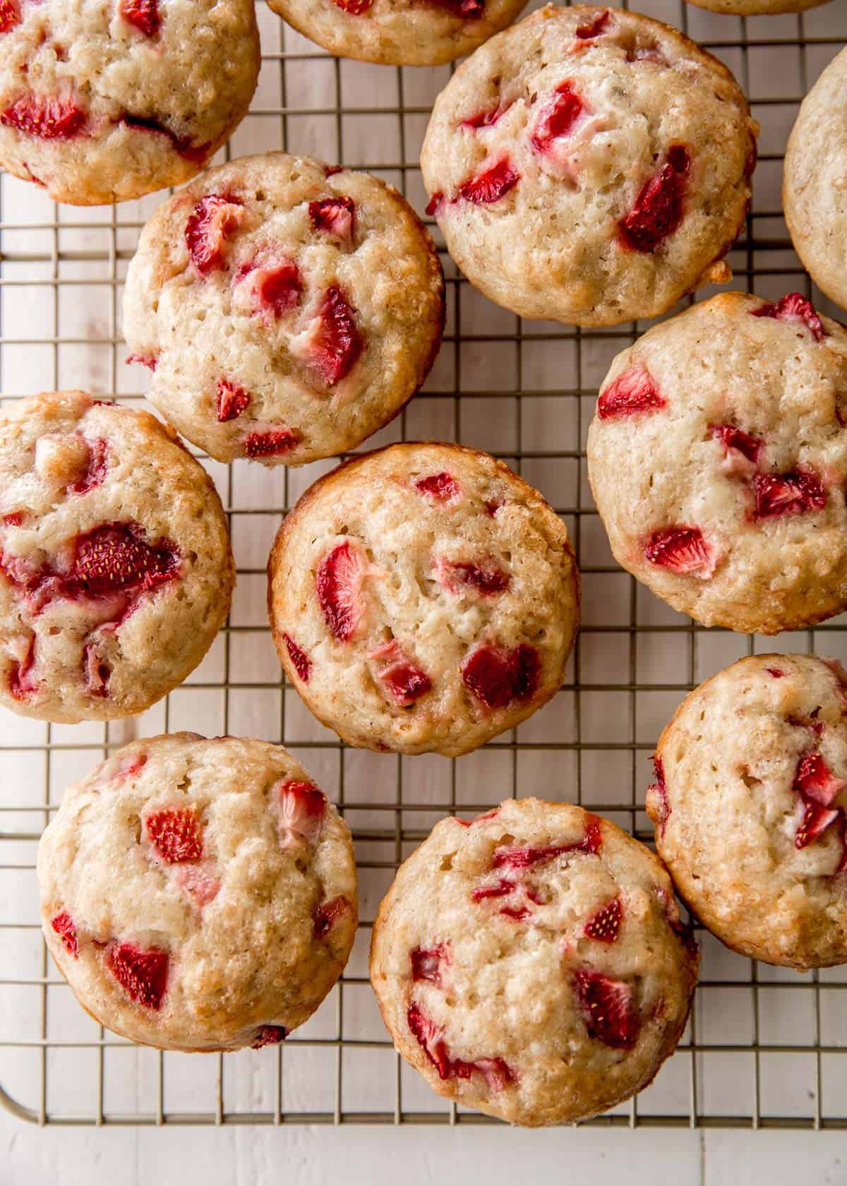 overhead image of muffins on a wire cooling rack