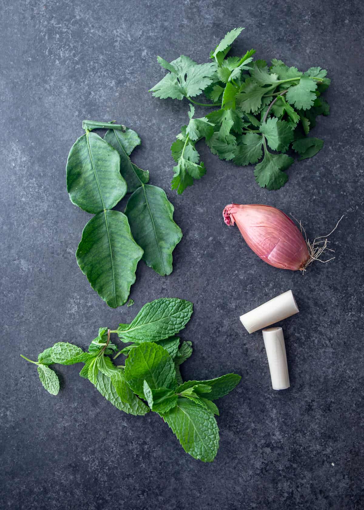 overhead image of herbs on a grey countertop