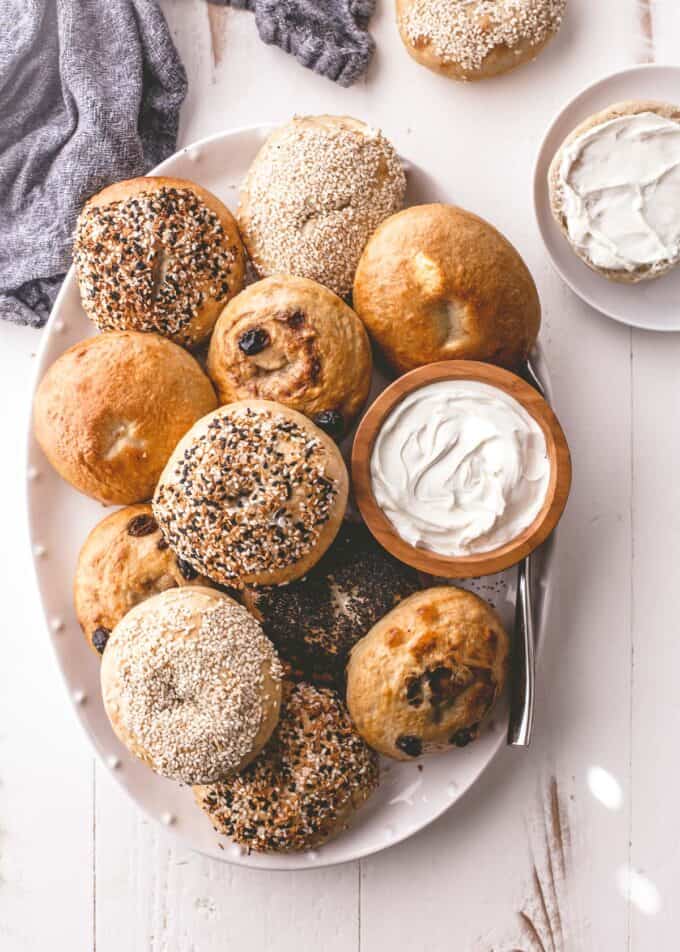 homemade bagels on an oval tray