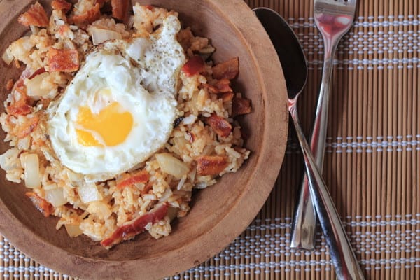 Bacon Fried Rice in a wooden bowl