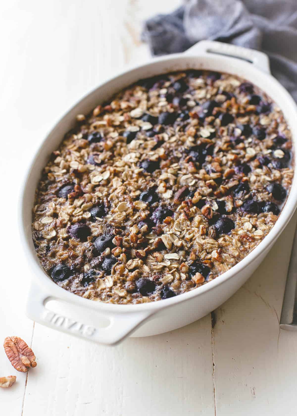 blueberry oatmeal in a white baking dish