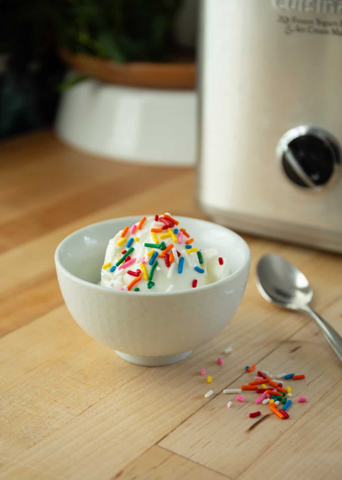 a bowl of frozen yogurt, multi-colored sprinkles, and a spoon on a wooden countertop