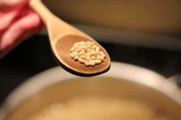 uncooked barley on a wooden spoon
