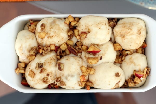 pull apart bread in a white loaf pan