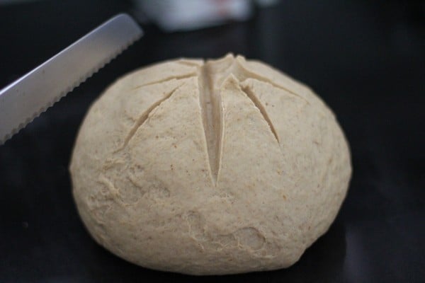 bagel dough and a serrated knife on a countertop