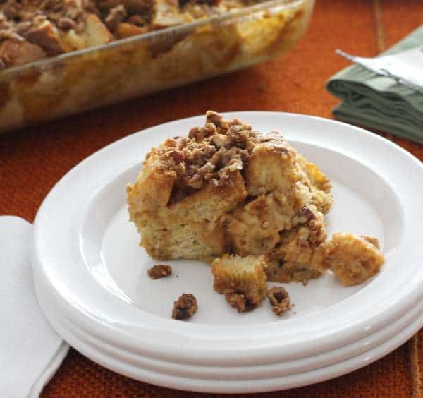 a slice of baked french toast on a white plate