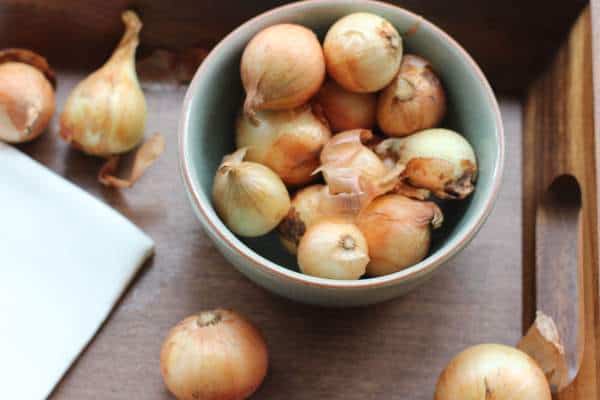 shallots in a blue and white bowl