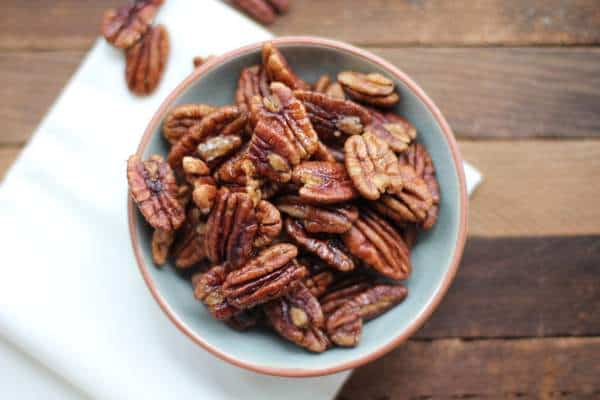 pecan halves in a blue and white bowl