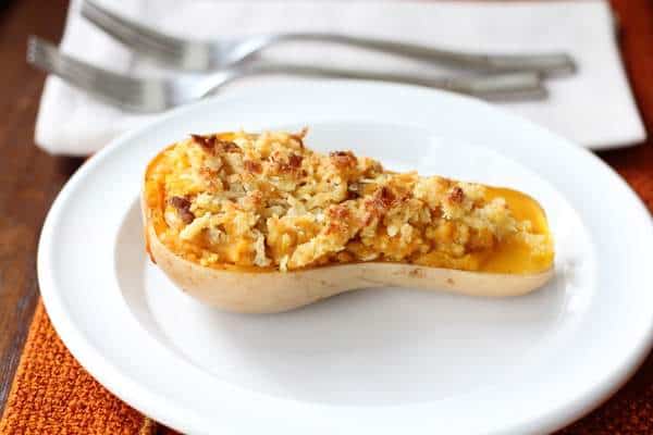 twice baked butternut squash on a white plate
