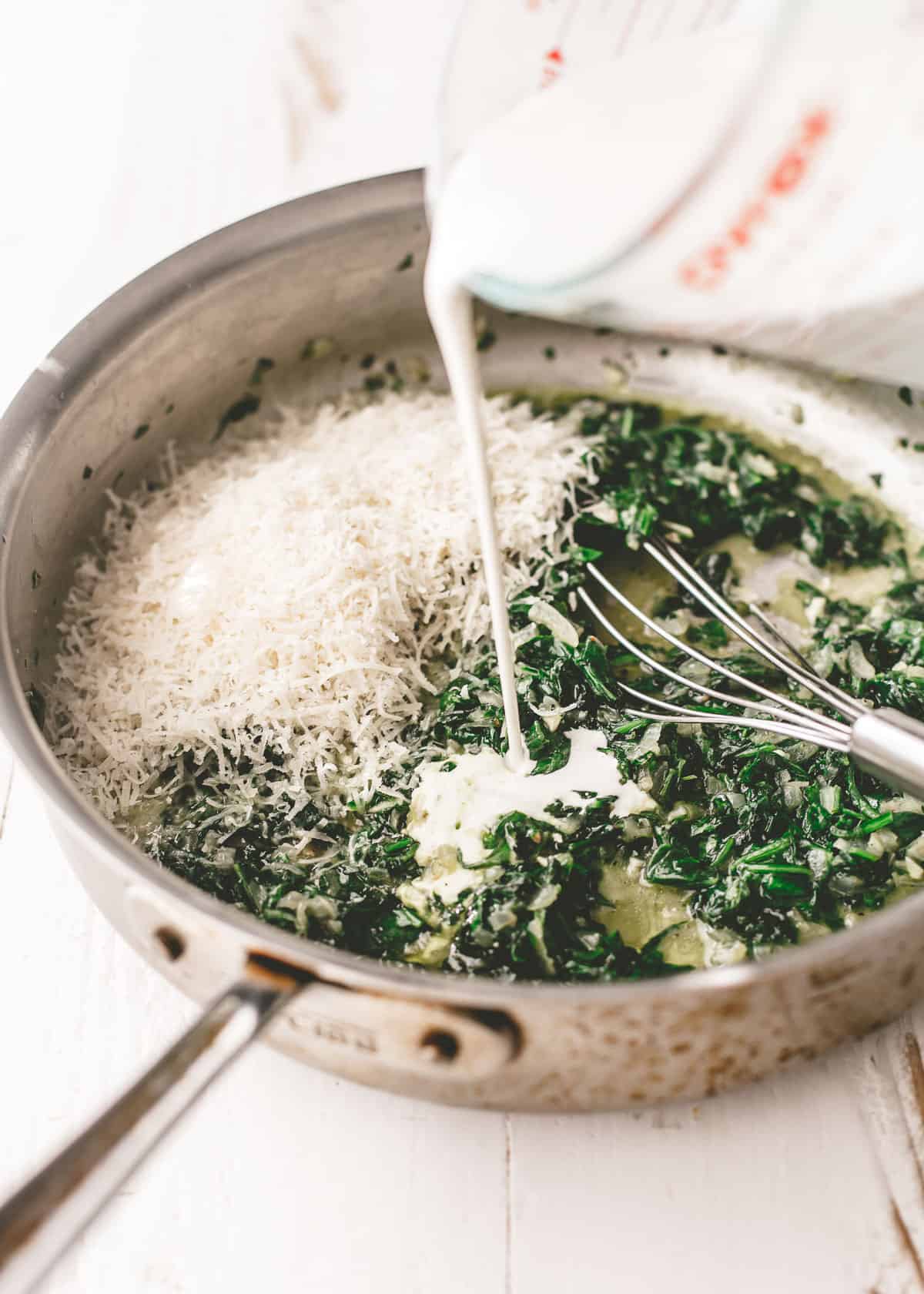 adding wet ingredients to dry in a skillet