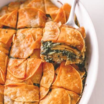 squash and spinach casserole cut into pieces