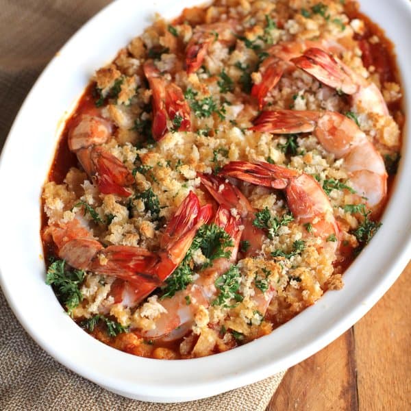 shrimp in a white oval baking dish