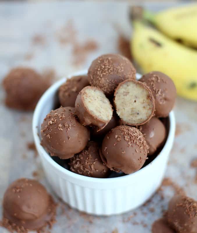 Banana Bread Truffles in a small white ramekin