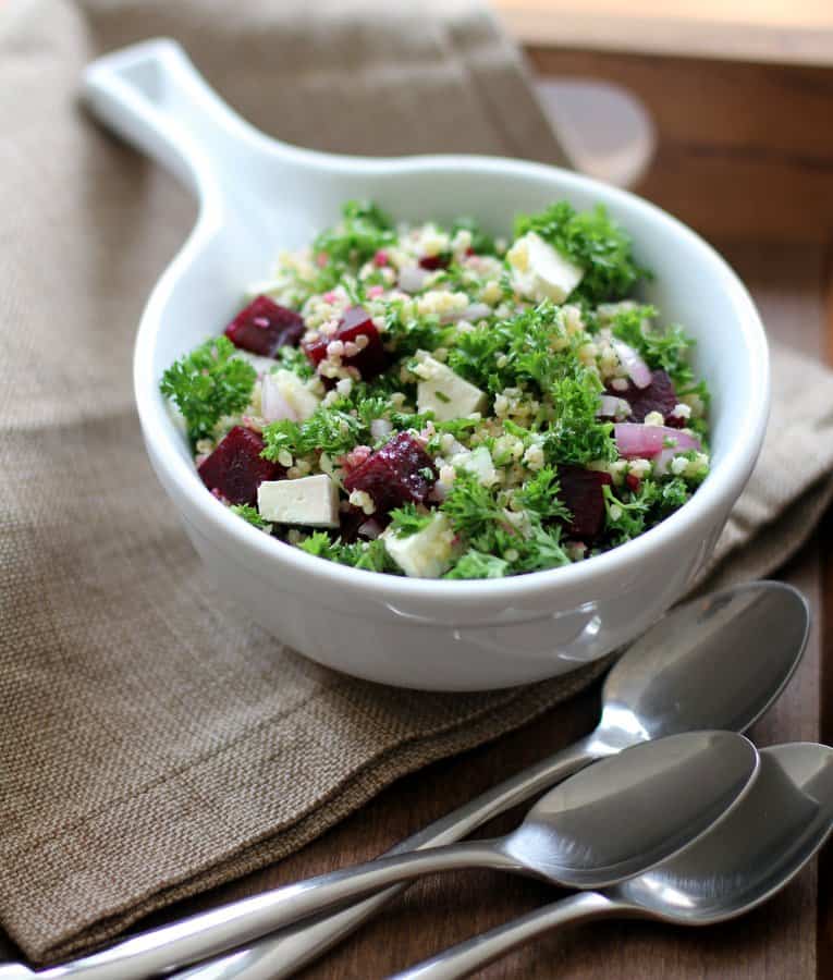 Beet and Feta Tabbouleh in a white bowl