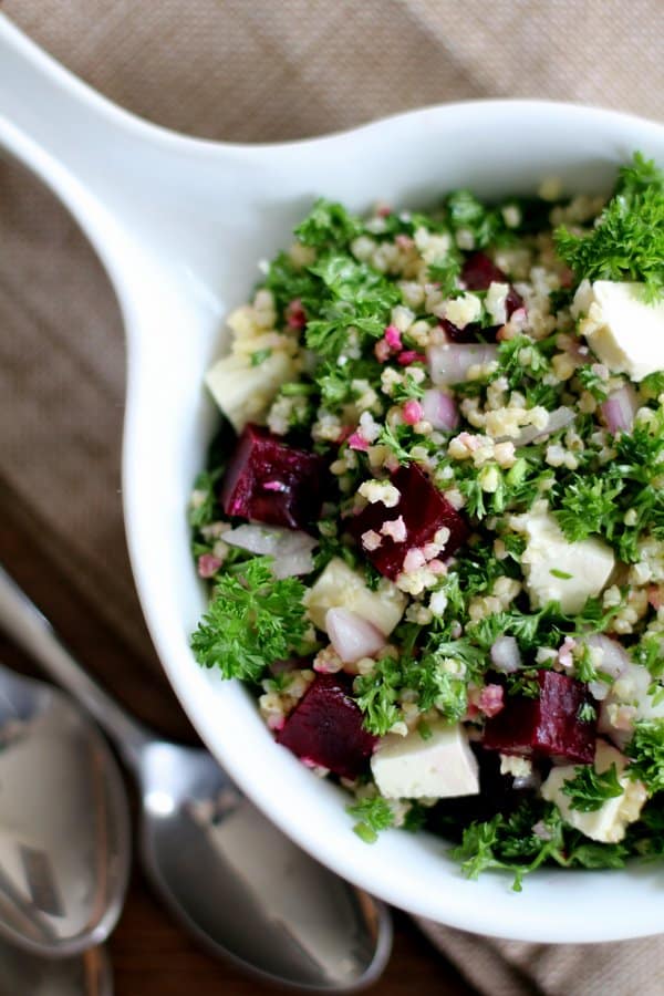 beet salad in a large white bowl