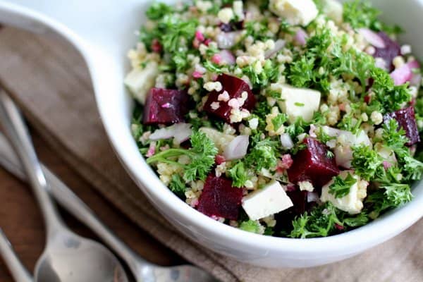 Beet salad in a white bowl