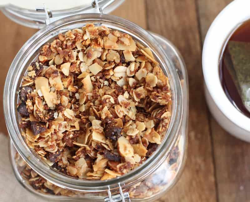 overhead view of Granola in a clear glass jar