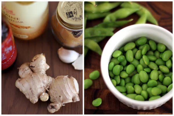 Ginger and Edamame on a wooden table