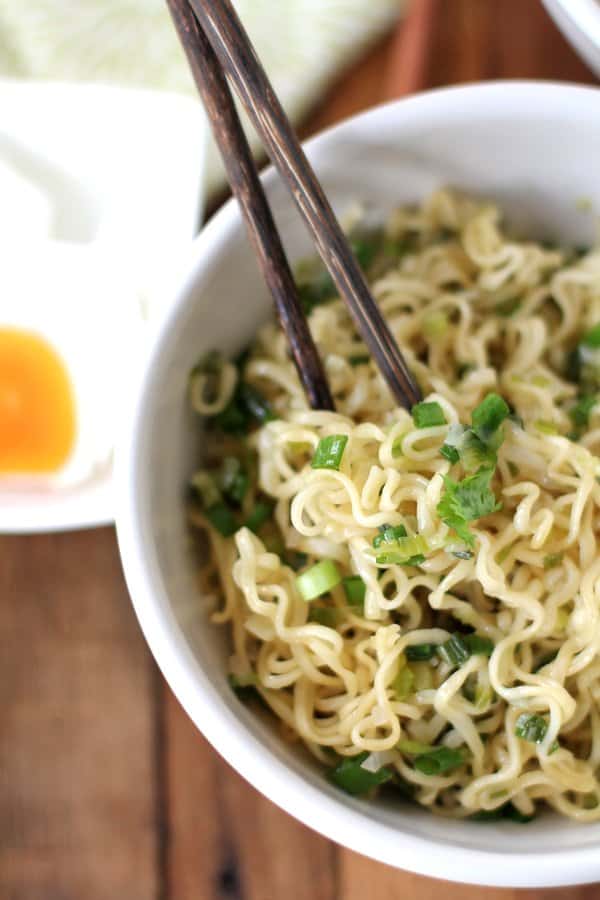 Ginger Scallion Noodles in a white bowl