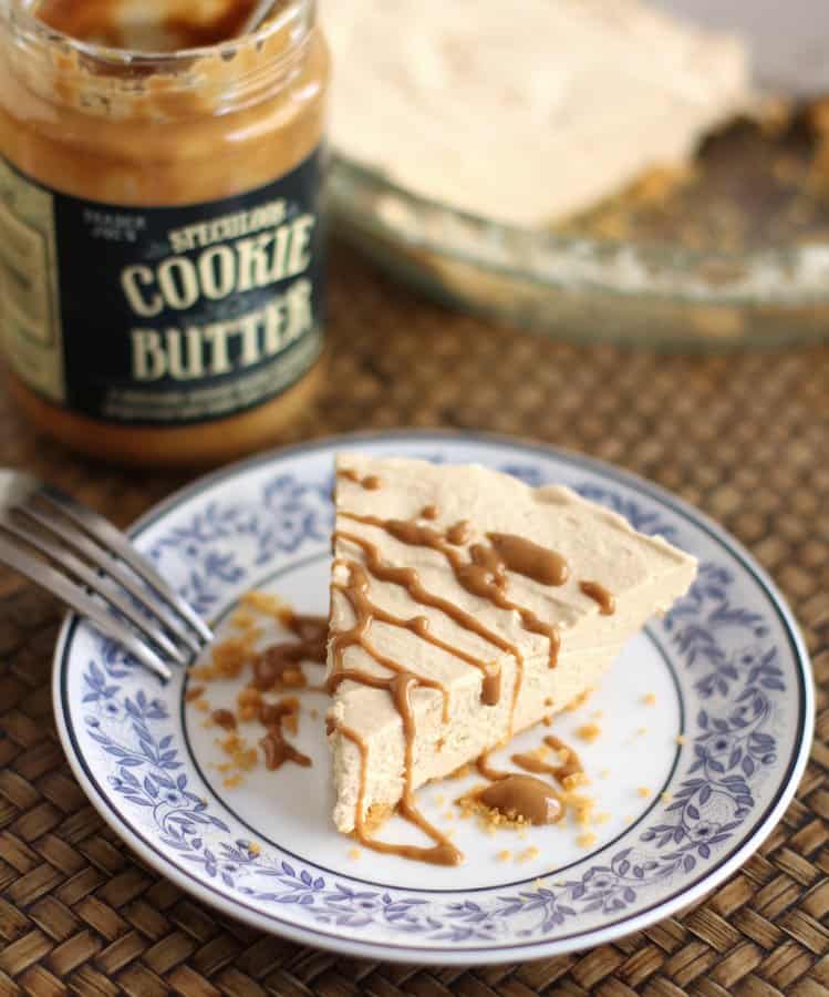 a slice of no bake pie on a blue and white plate with a fork