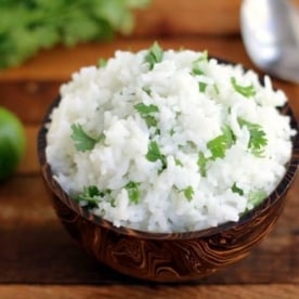 cilantro lime rice in a brown bowl