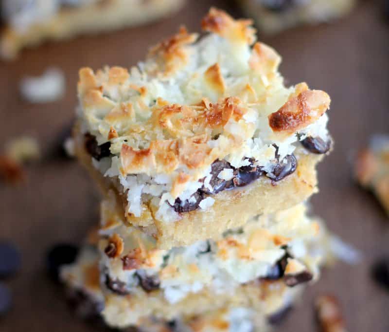 stacked layer bars on a wooden table