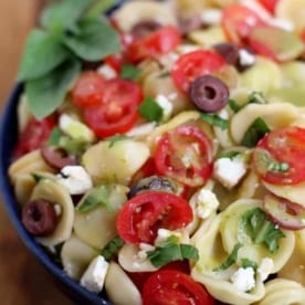 Greek Pasta Salad with Sweet Basil Vinaigrette | Inquiring Chef