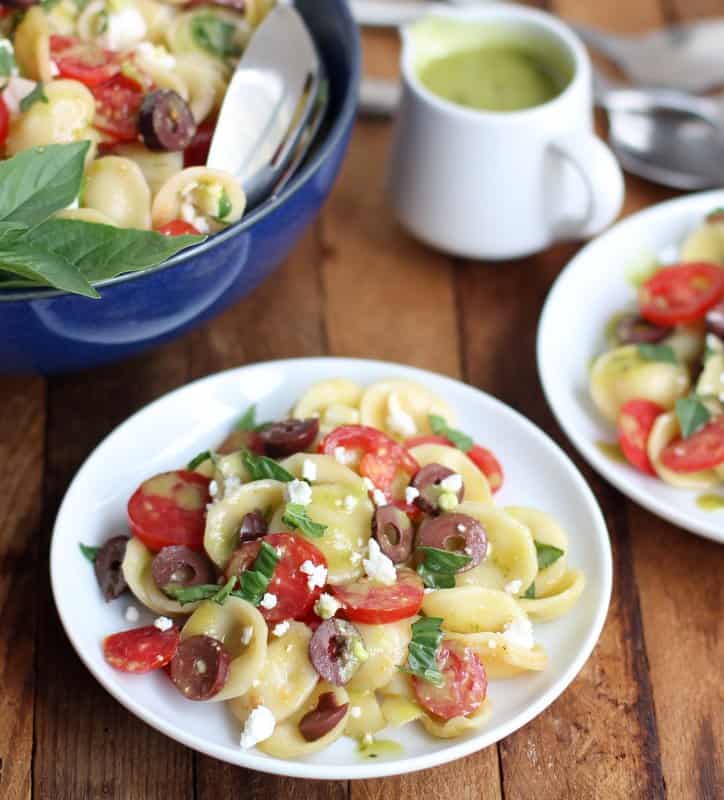 pasta salad on white plates 