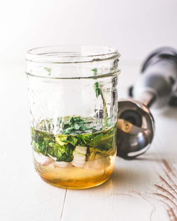 blending vinaigrette with an immersion blender