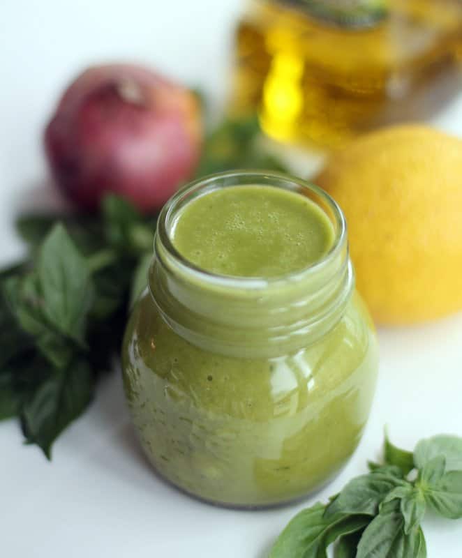 basil vinaigrette in a glass jar