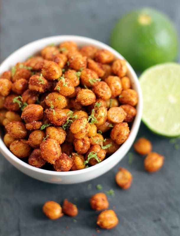 fried chickpeas in a white bowl on a grey countertop