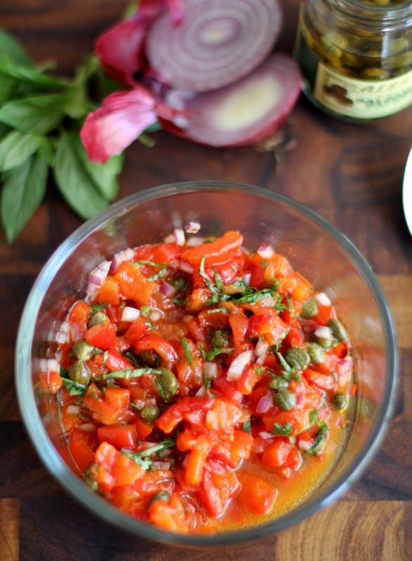 red pepper bruschetta topping in a glass mixing bowl