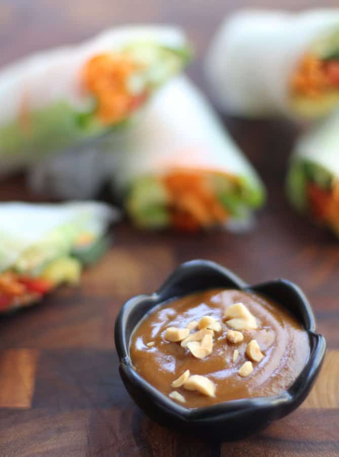 peanut dipping sauce in a small black bowl