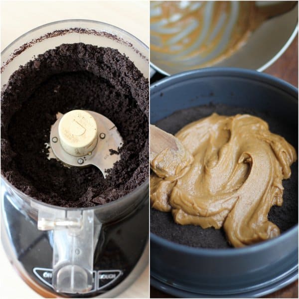 cookie crumbs in a food processor and spreading cookie butter in pan