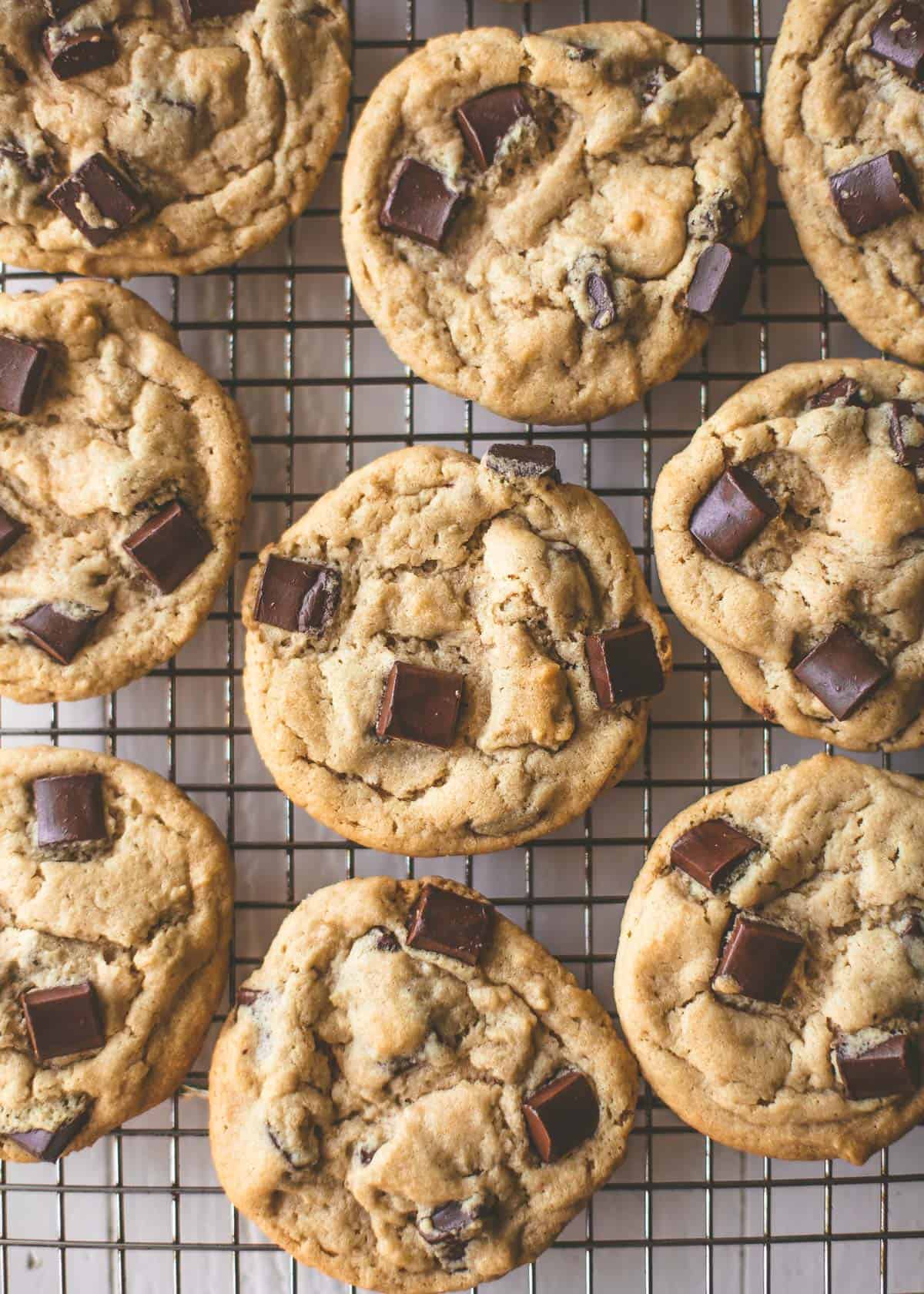 overhead image of peanut butter chocolate chunk cookies on a wire rack