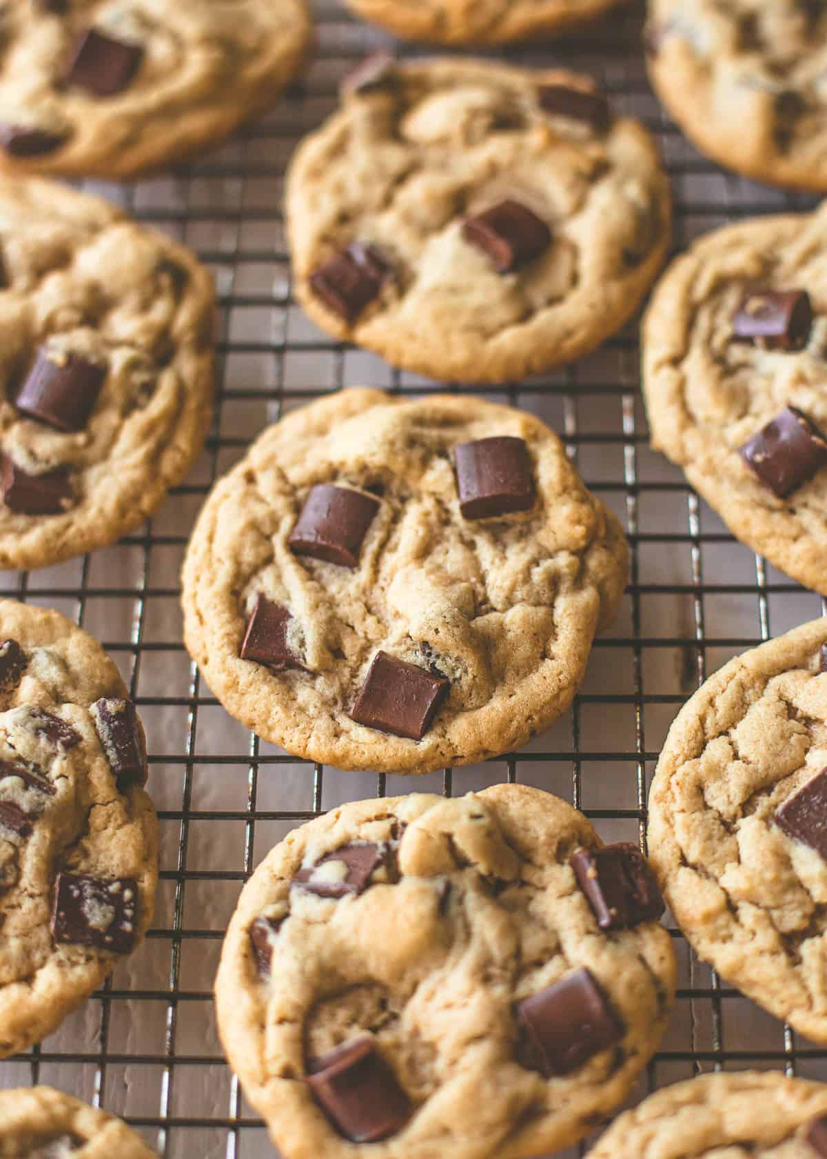 peanut butter chocolate chip cookies on a wire cooling rack