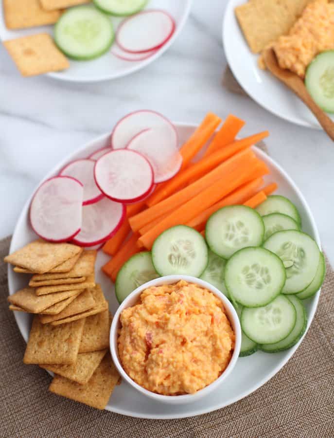 Pimiento Cheese and vegetables in white bowls