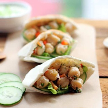 chickpea salad in pitas on a table