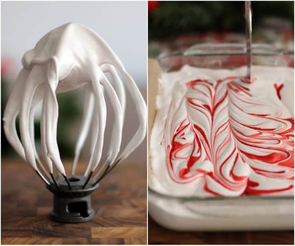 swirling red food coloring into marshmallow mixture