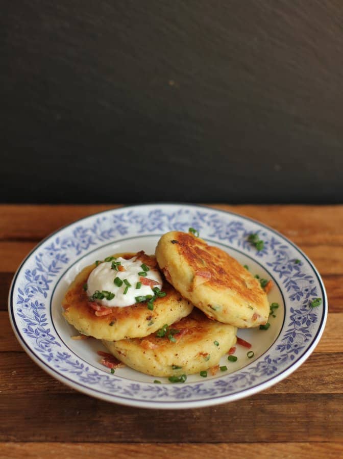 potato cakes on a blue and white plate