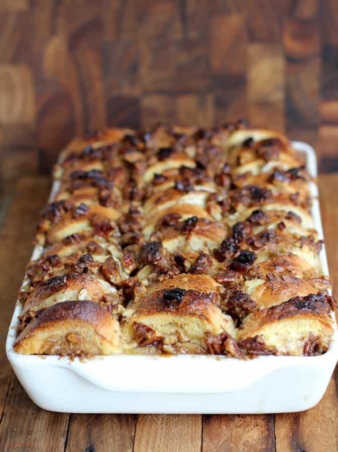 Baked Banana French Toast in a white baking dish