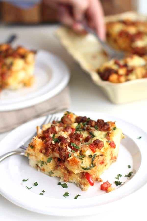 spicy breakfast strata on a white plate