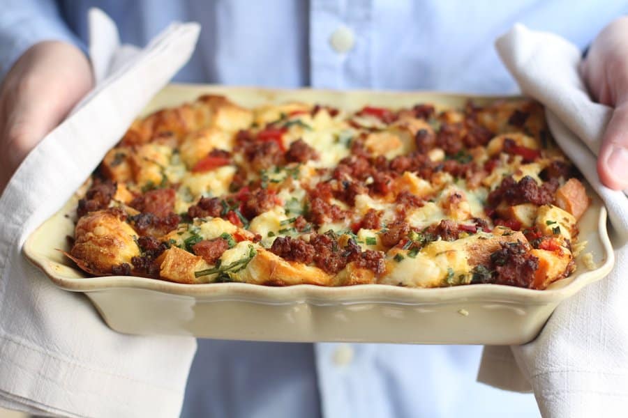 Spicy Breakfast Strata with Chorizo, Red Pepper, and