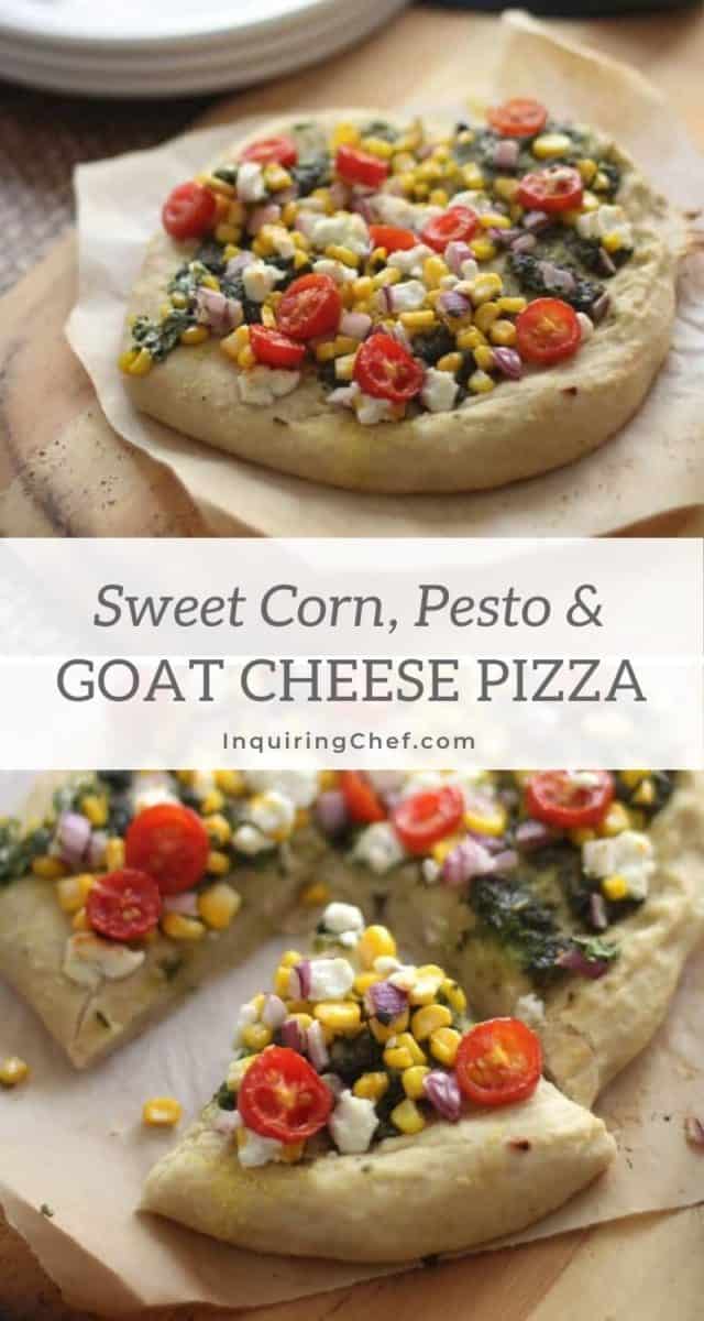 Sweet corn, pesto and goat cheese pizza