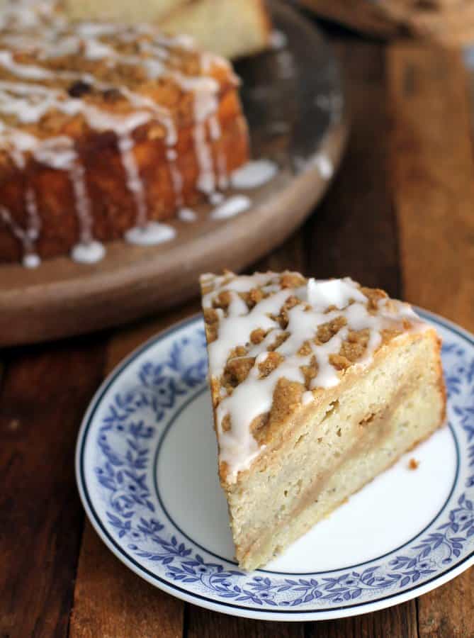 a slice of coffee Cake on a blue and white plate