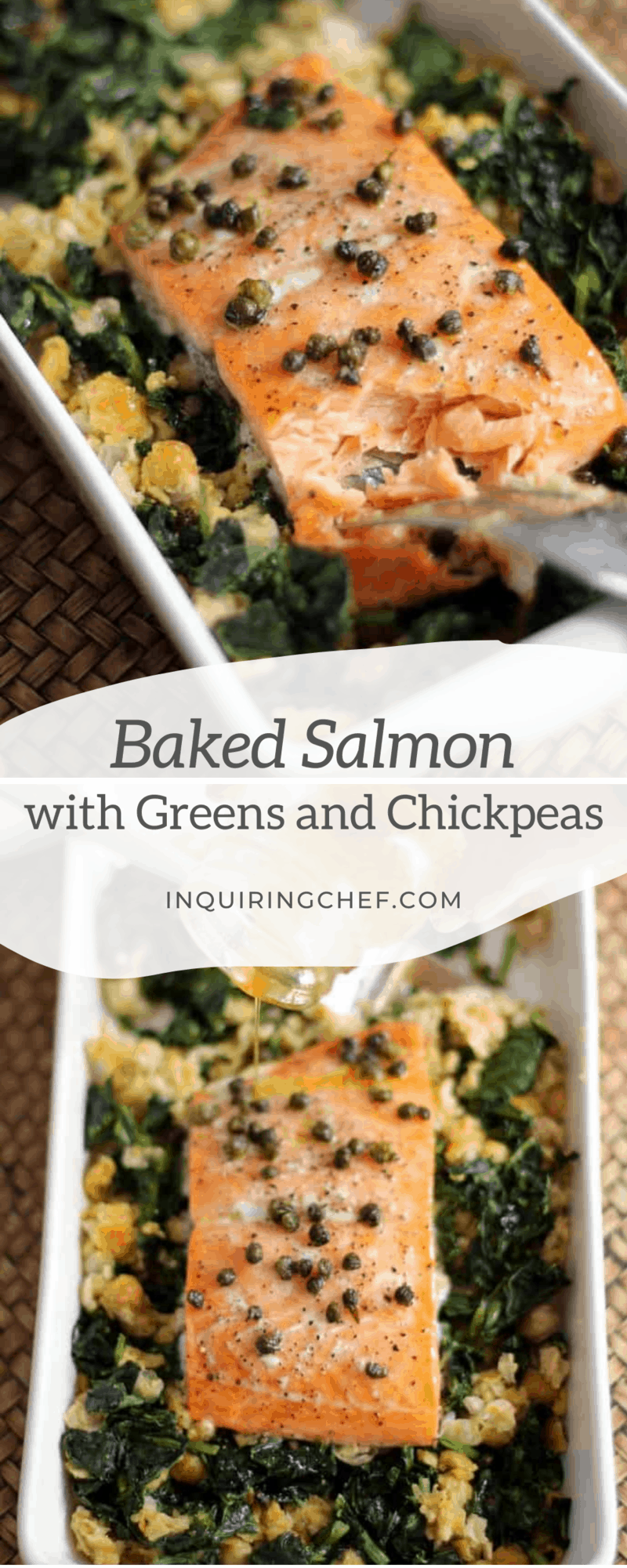 baked salmon with greens and chickpeas