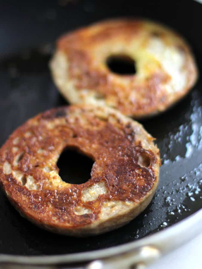 overhead image of bagel French Toast in the pan