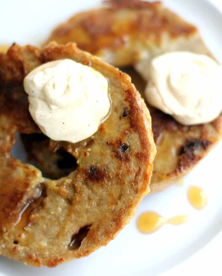 Bagel French Toast, on a white plate, topped with Whipped Cream Cheese