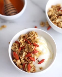 granola in a white bowl